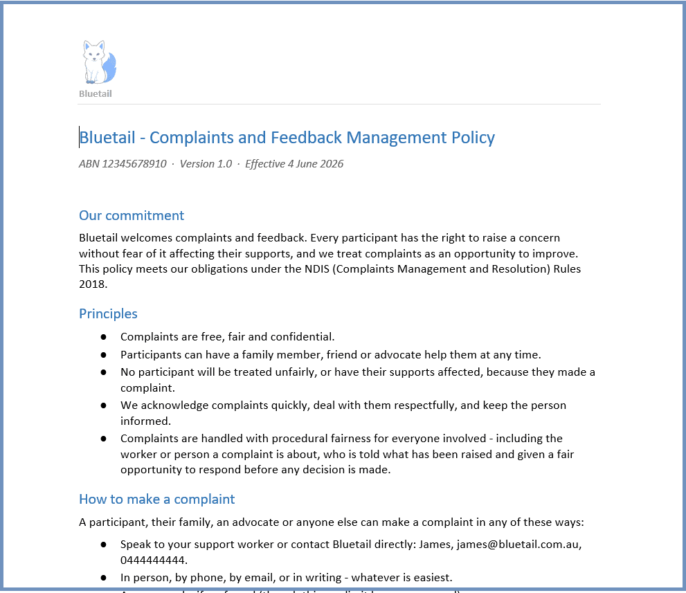 Complaints policy preview