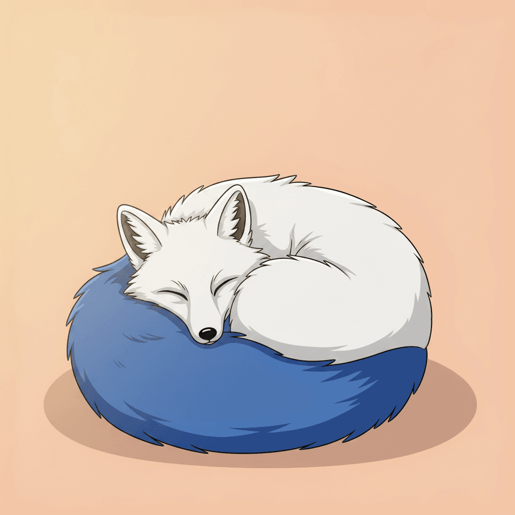 A white fox with a blue tail curled up sleeping peacefully