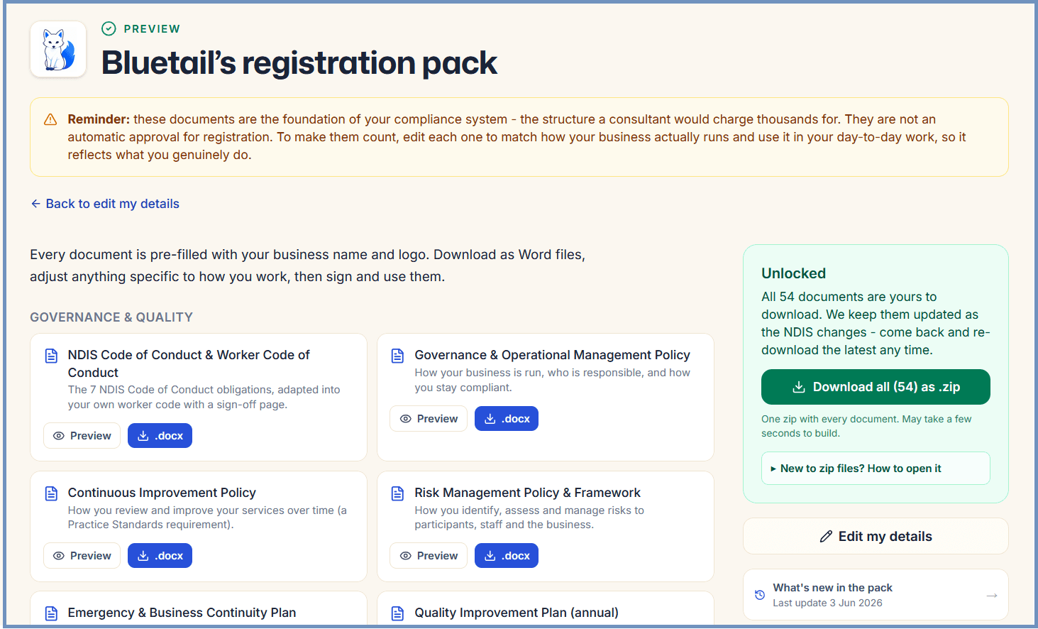 NDIS registration document pack
