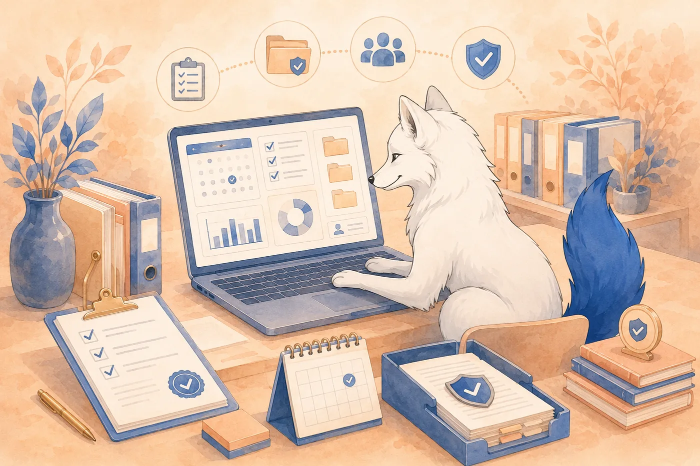 The Bluetail fox managing compliance records on a laptop